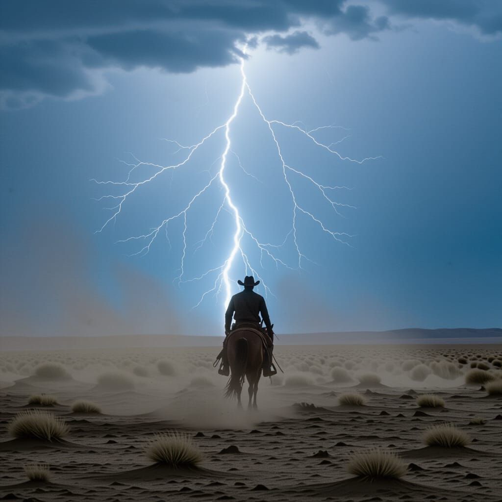 Lone Cowboy Silhouetted Before Storm on Plateau