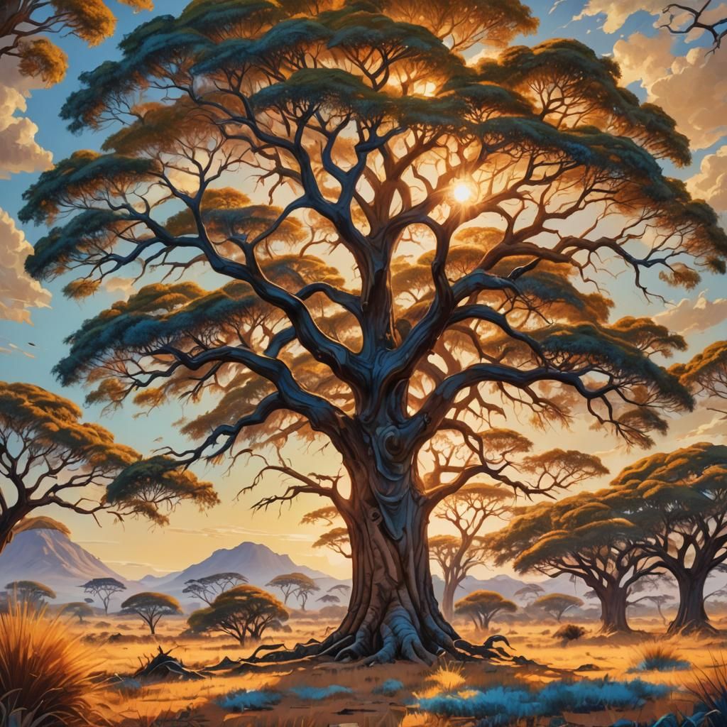 Sun-Drenched Savannah: Majestic Acacia Tree in Oil