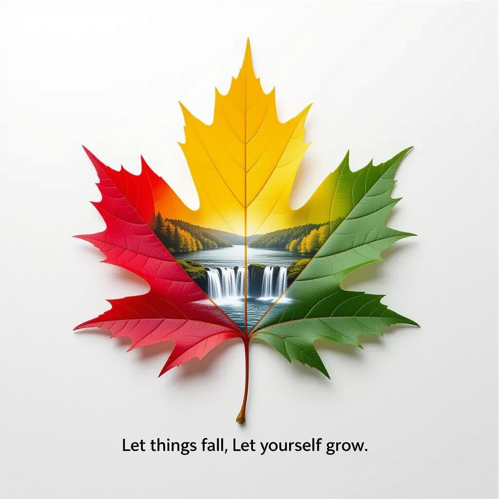 Maple Leaf Encapsulating Lake Landscape with Waterfalls