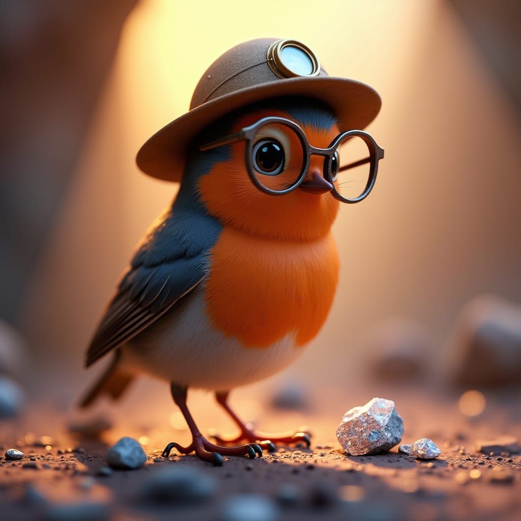 Robin Miner Admiring Minerals in 3D Digital Art