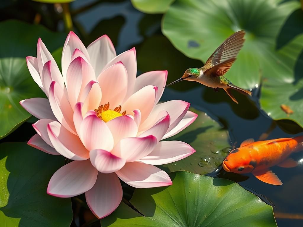 Hummingbird and Koi Pond with Lotus Flowers
