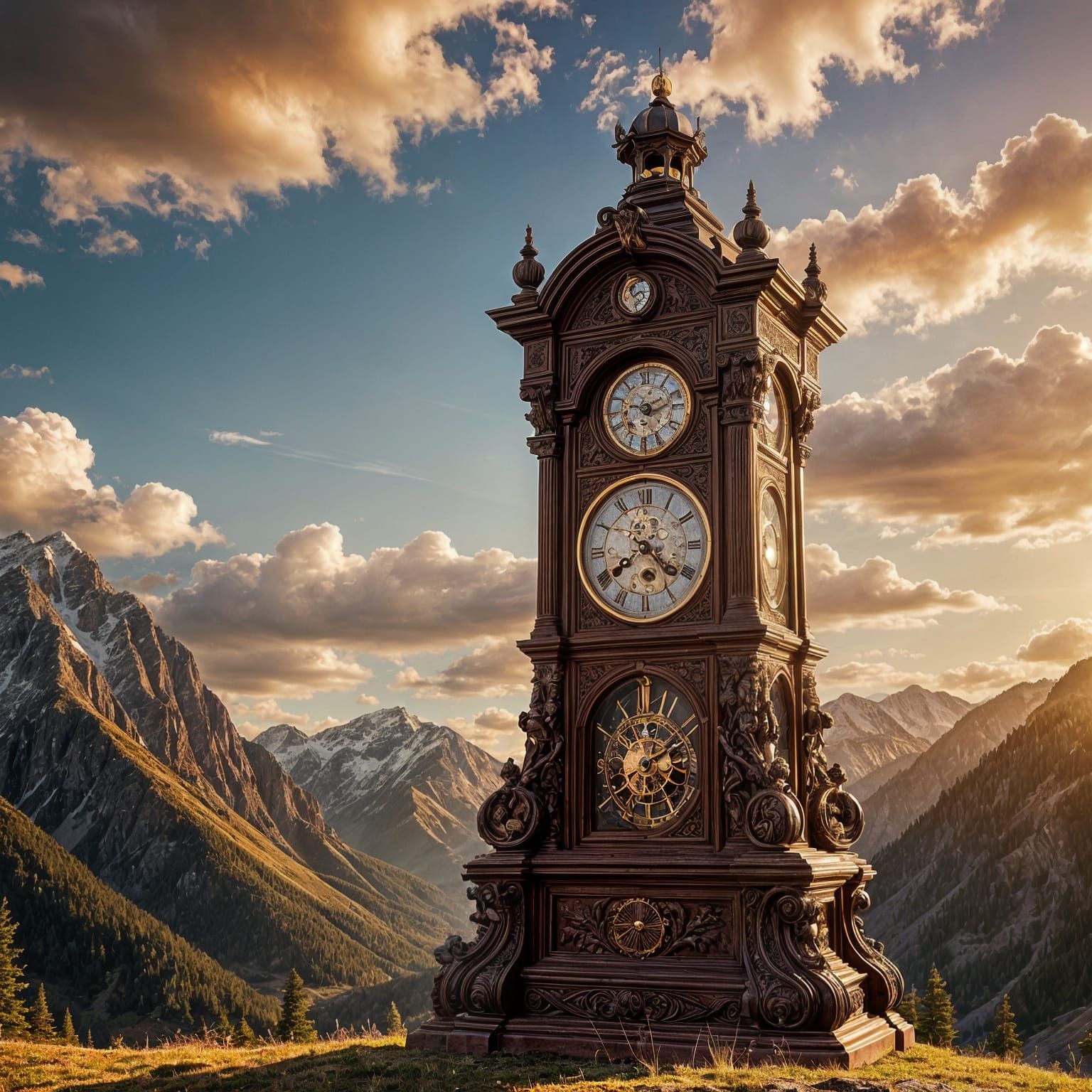 Realistic Grandfather Clock on Majestic Mountain in Cinemati...