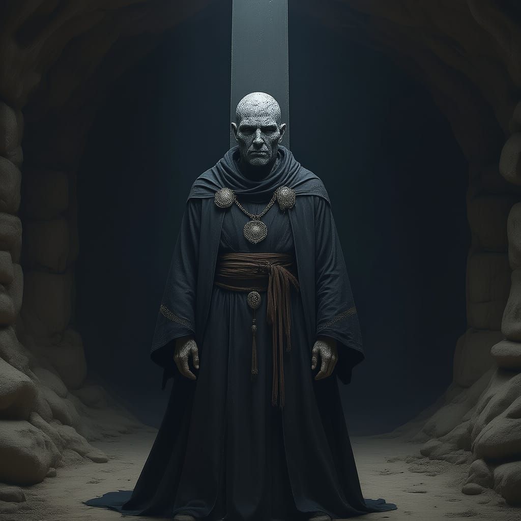 Earth Genasi Scholar Before Obsidian Obelisk