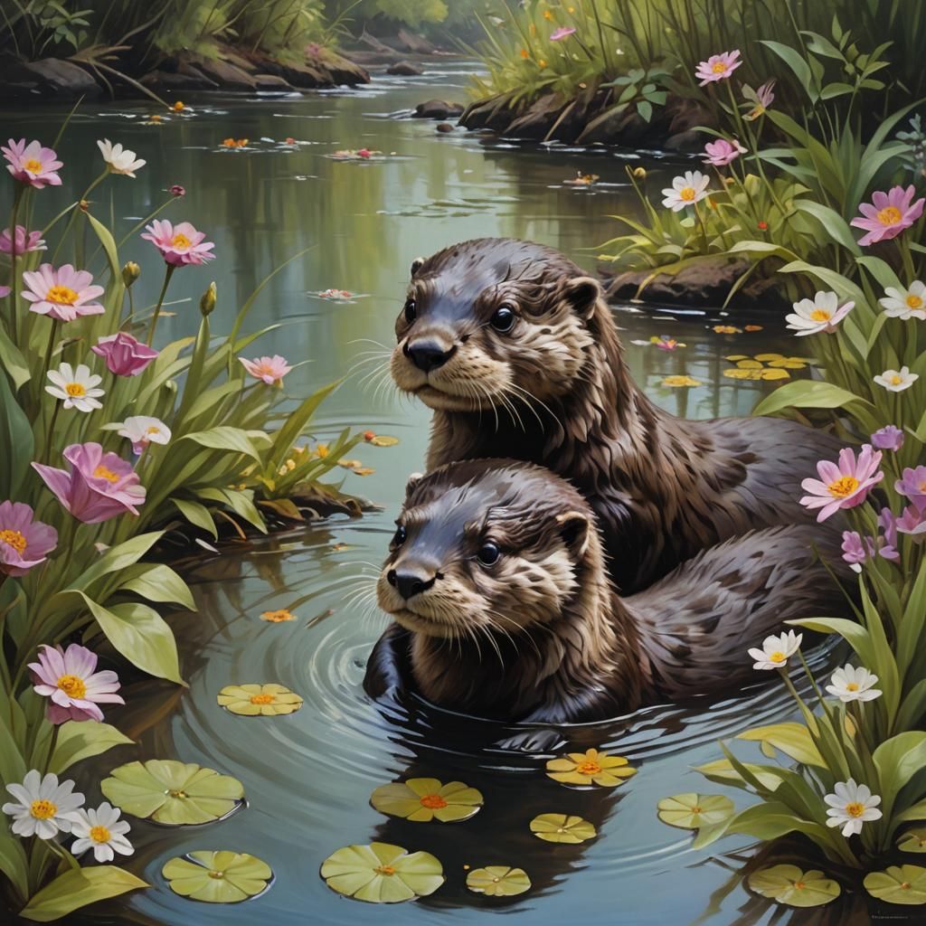 Baby Otter and Mother Play in River: Oil Painting