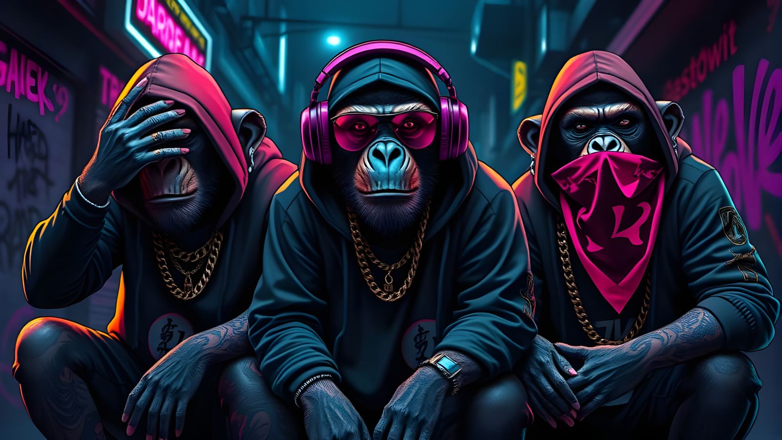 Three Wise Gangster Monkeys in Urban Street-Art Style