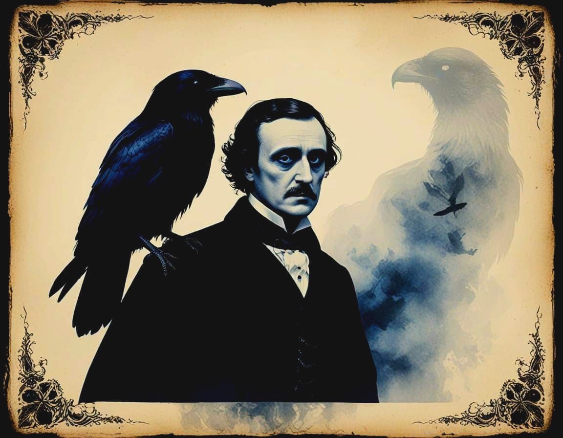 Edgar Allan Poe With Majestic Raven, Gothic Horror Art