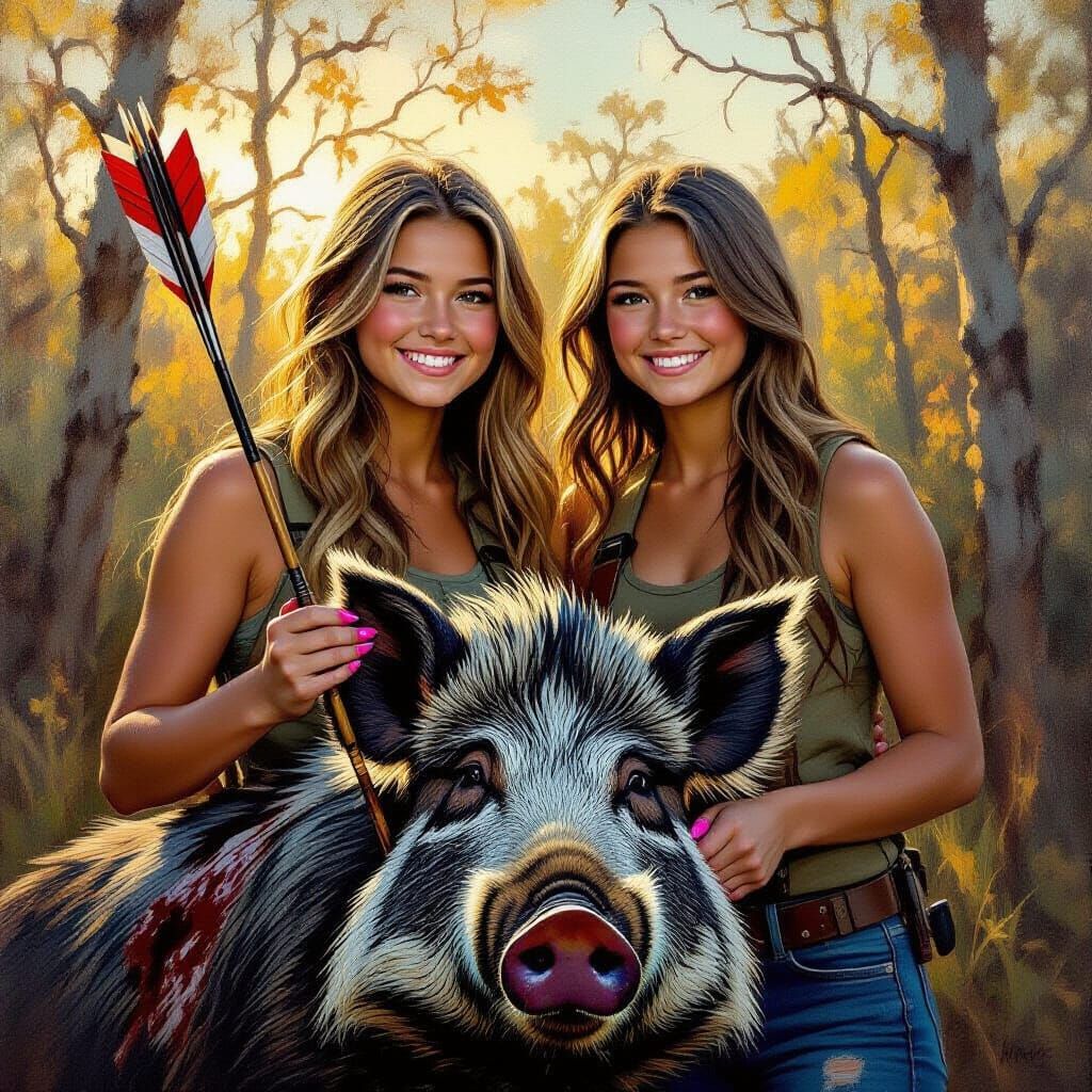 Young Huntress with First Wild Boar, Oil Painting Style