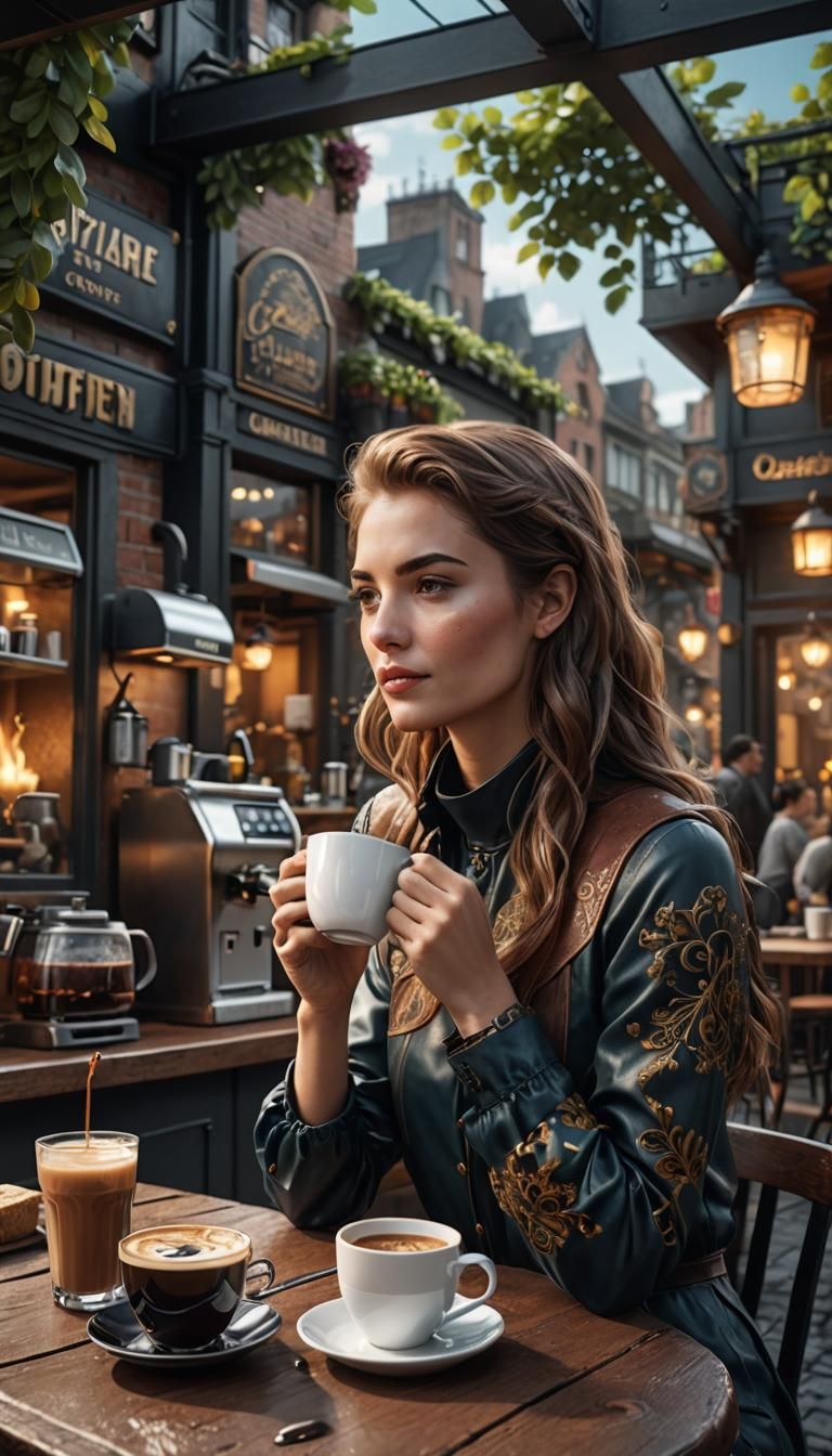 Young Woman's Coffee Break: Detailed Matte Painting