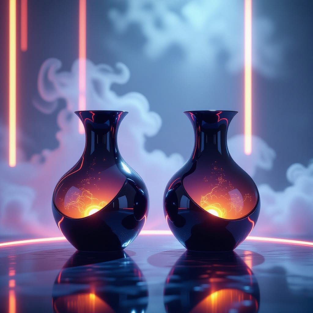 Cyberpunk Vases with Neon Lights and Holographic Overlays