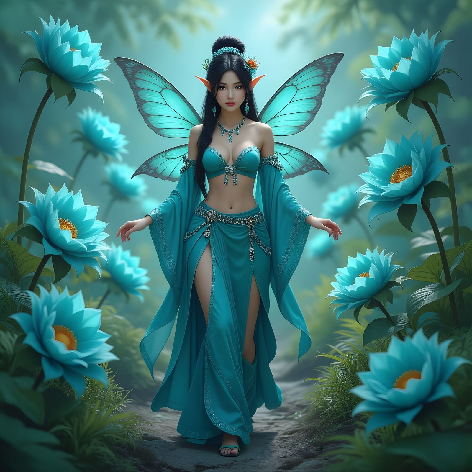 Asian Fairy in Teal Garden with Strange Flowers