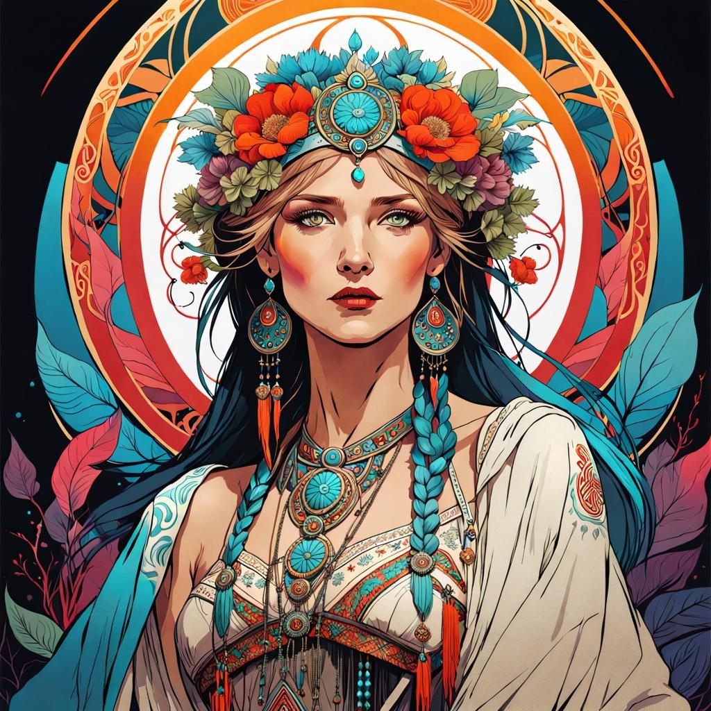 Colorful Slavic Woman Art Nouveau Portrait