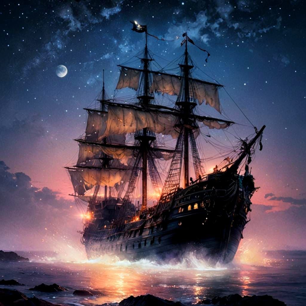 Ethereal Pirate Ship Radiates Under Moonlit Skies