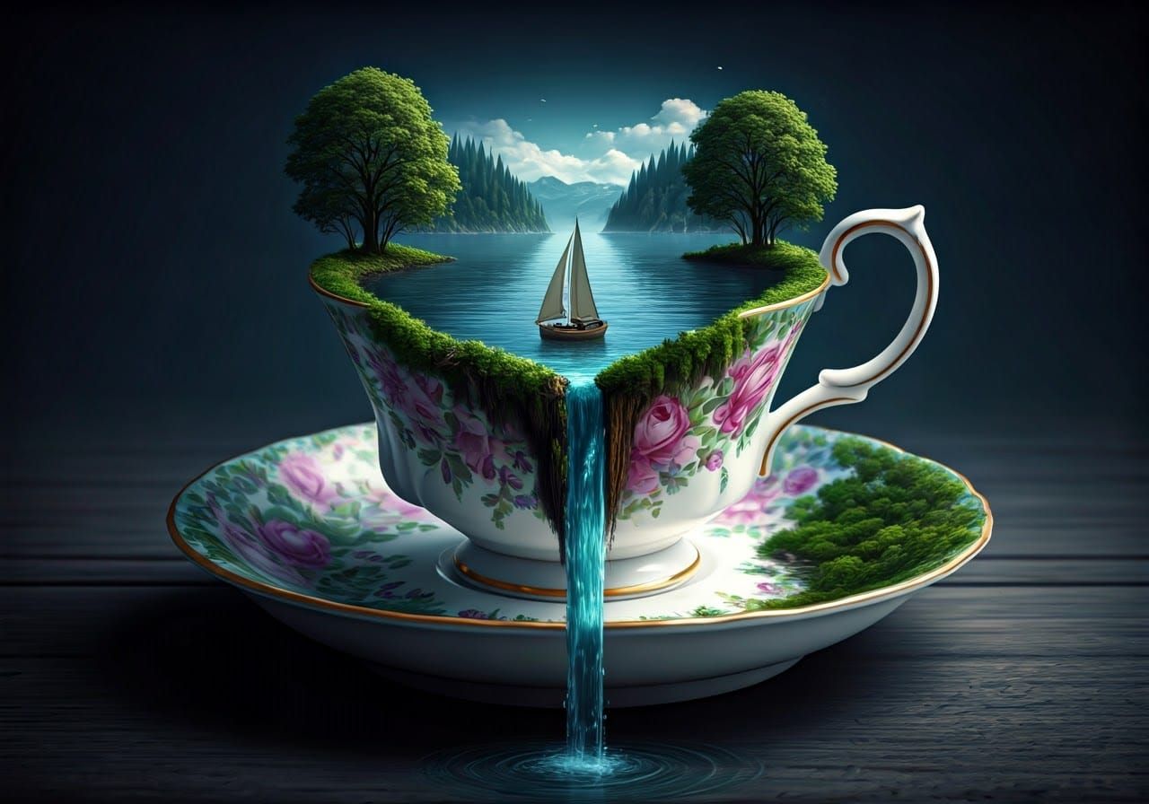 Surreal Royal Albert Tea Cup Lake Scene in Detailed Digital ...
