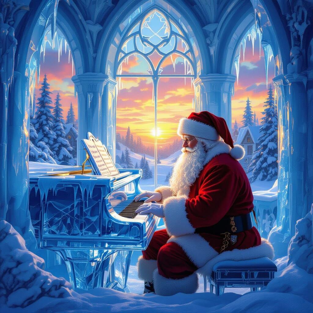Santa Plays Ice Piano in Magical Sunset Palace