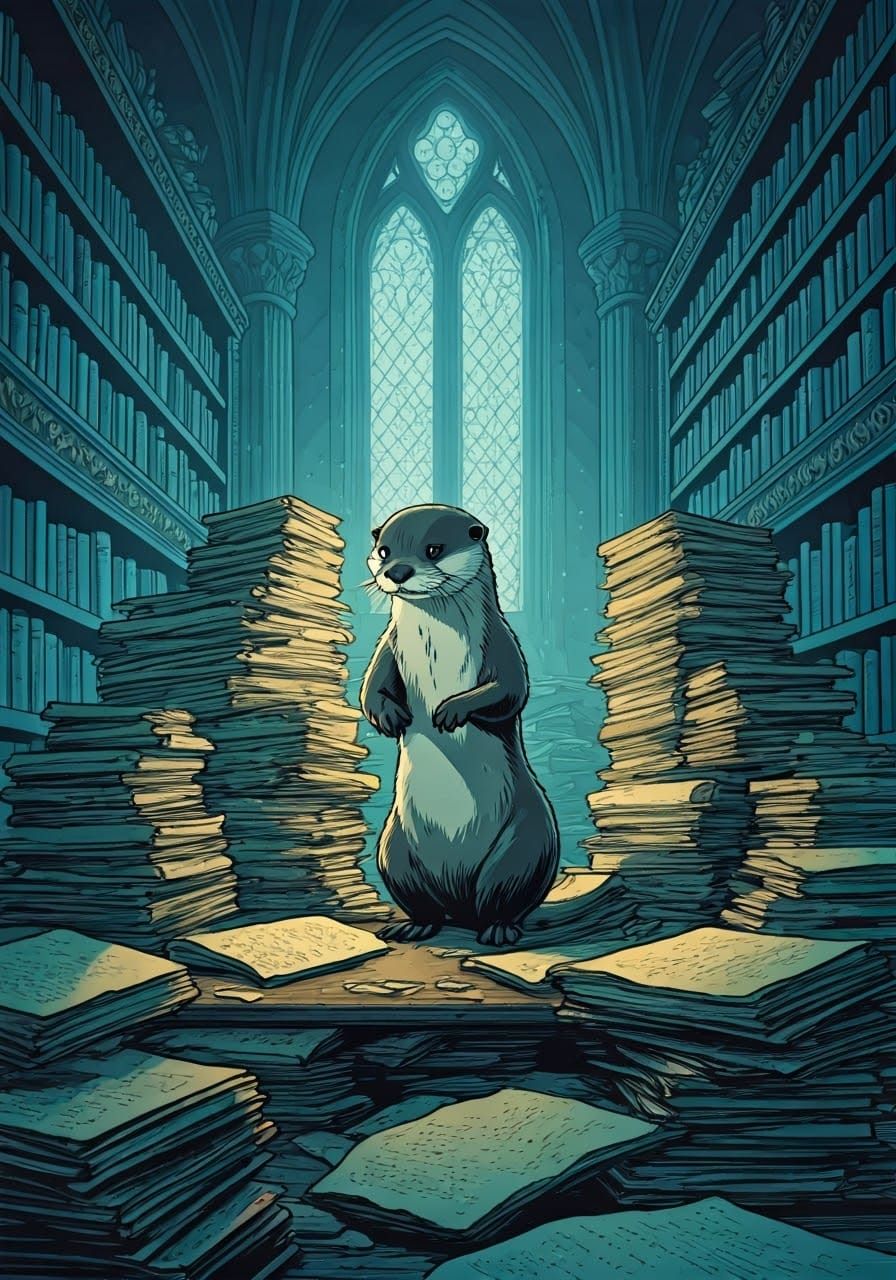 Otter in Azure Library with Scrolls, Comic Book Style