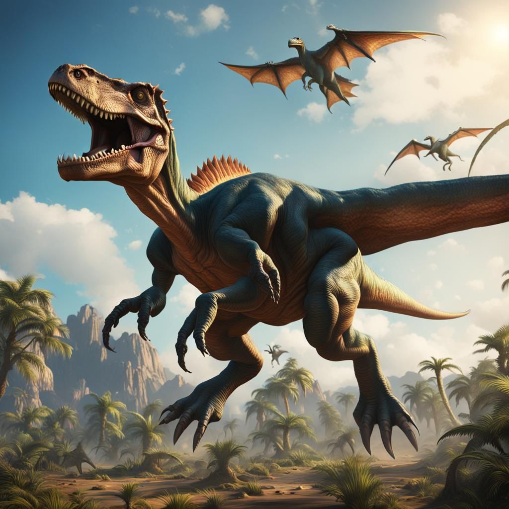 Dinosaur Flies in a Clear Sky: Fantasy Art