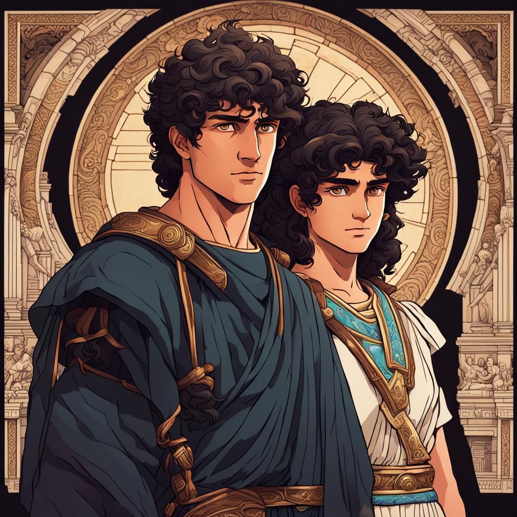 Classical Roman Couple in Vaporwave Anime Style