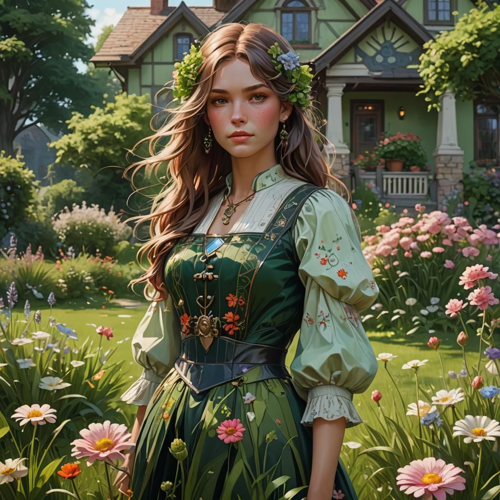 Green Home with Flowers: Digital Art by Rutkowski