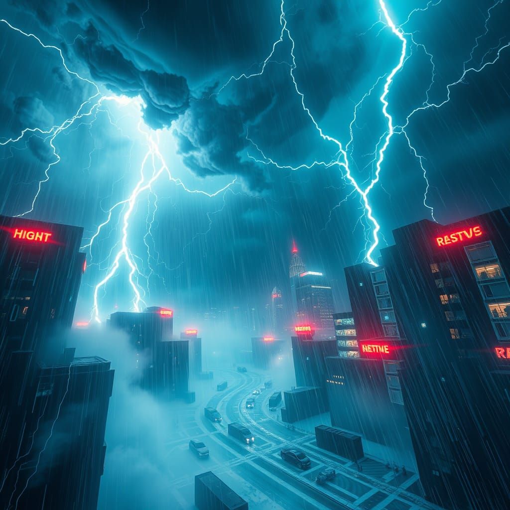 Baltic Mythology Stormscape in Cyberpunk Aesthetic