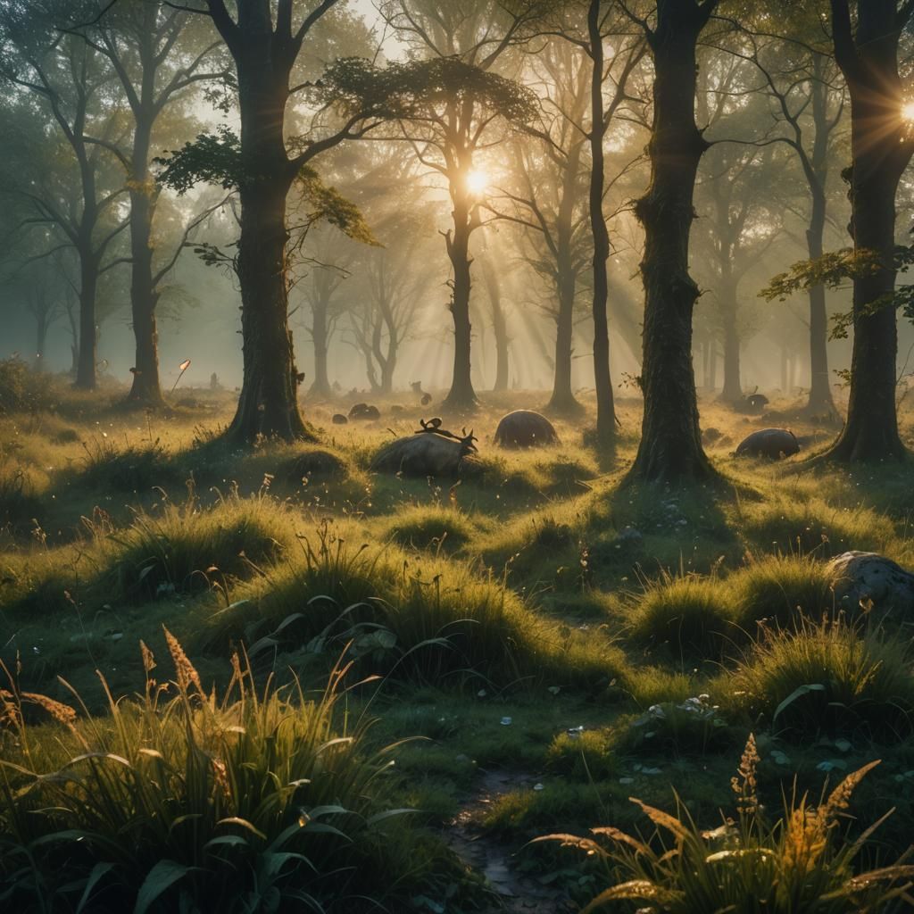Enchanted Meadow with Mystical Creatures in Golden Light