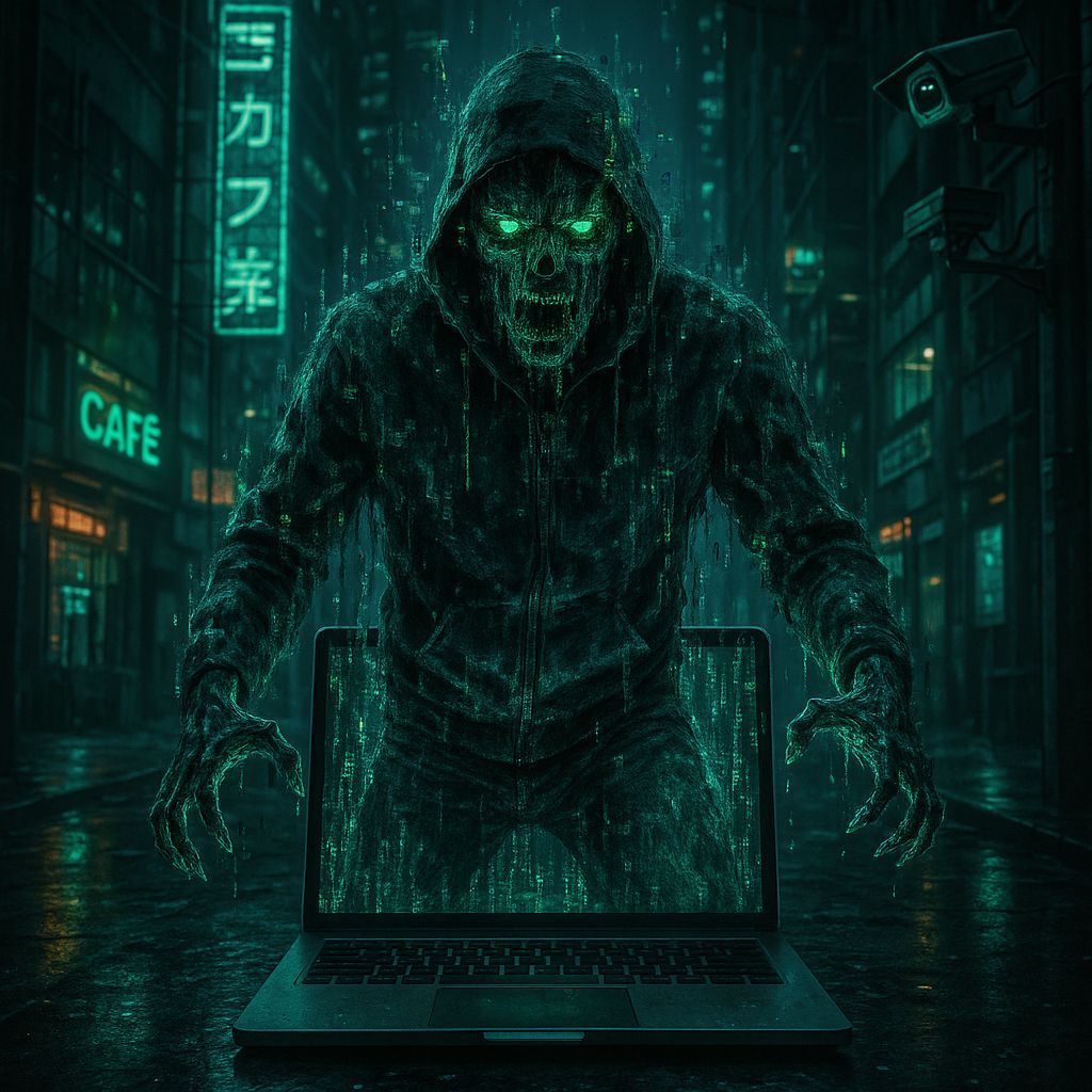 Digital Demon Emerges from Laptop in Cyberpunk City