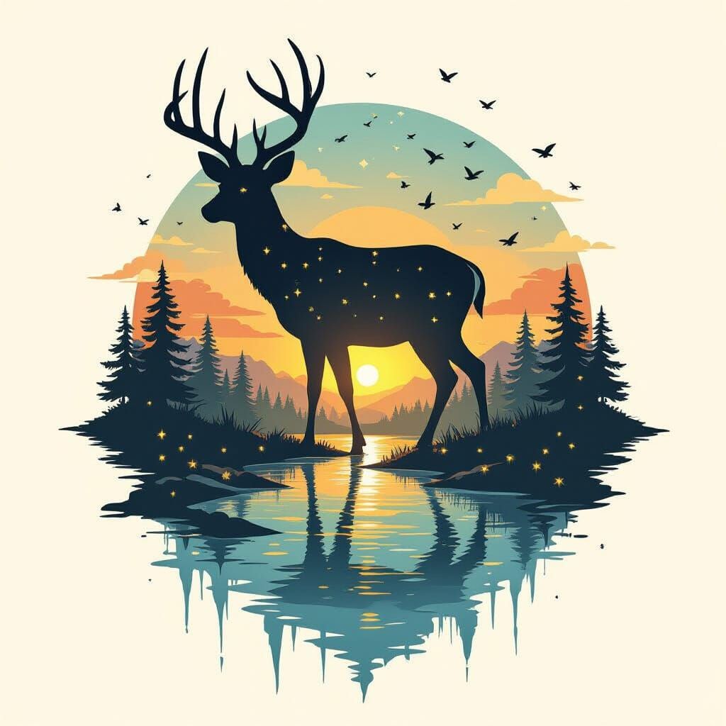 Double Exposure Deer Silhouette with Fireflies