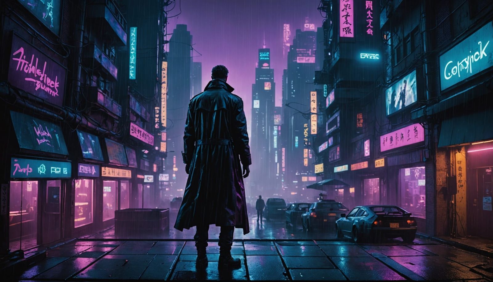 Cyberpunk Rooftop Overlook With Lone Figure