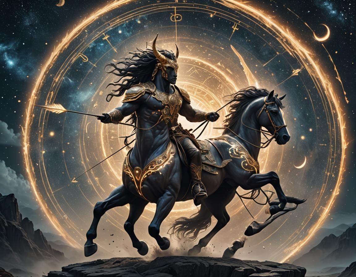 Centaur Archer Amidst Zodiac Wheel, 8K Matte Painting