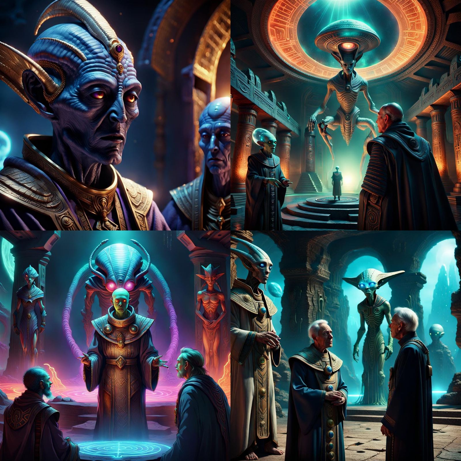 Frightened Alien Priest and Admiral with Ancient Gods