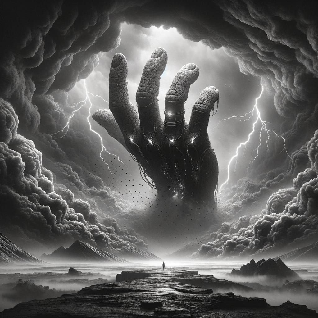 Surreal Monochrome Landscape With Giant Stone Hand