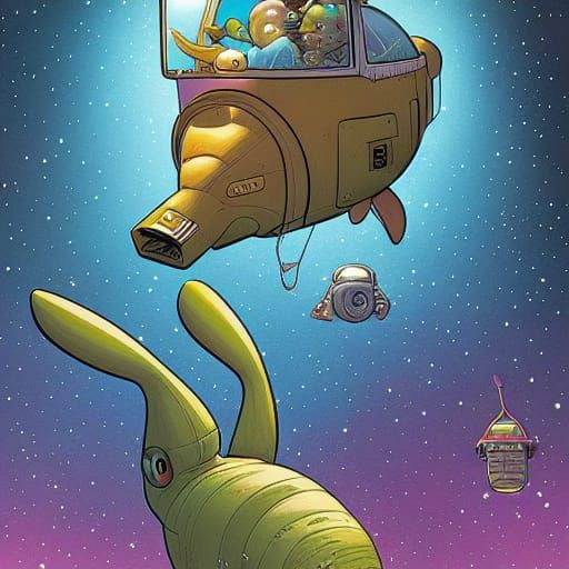 Cartoon Platypus Floating in Space: Comic Book Art