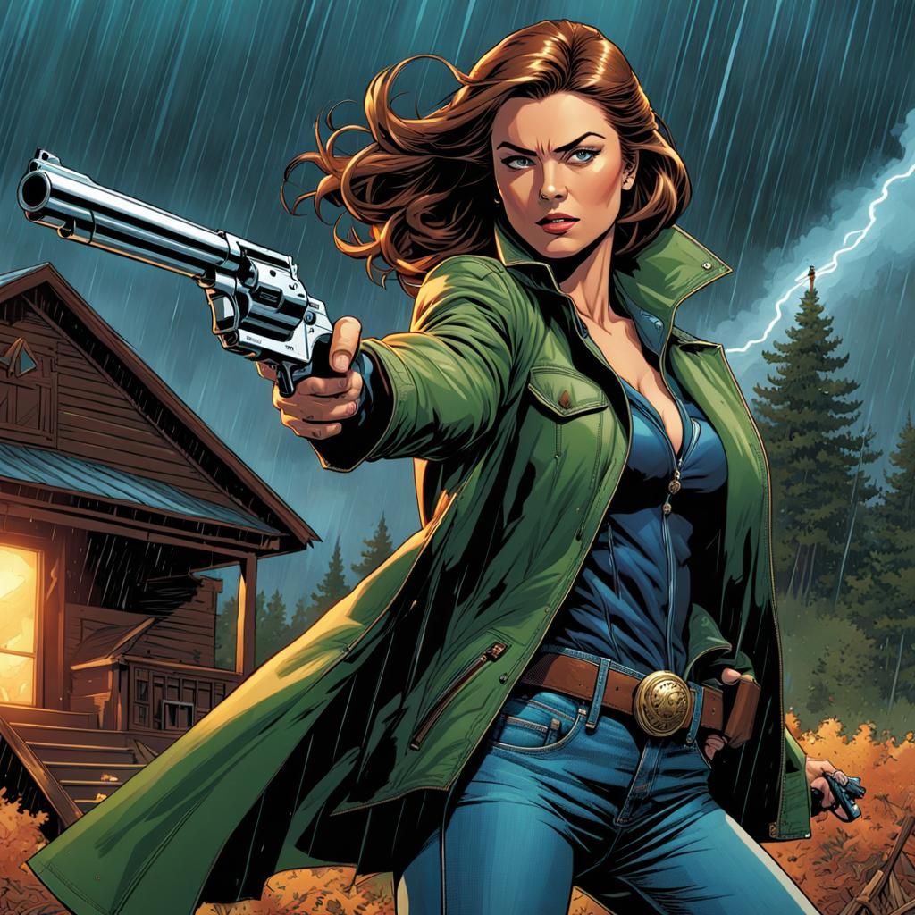 Young Woman Fires Revolver: Comic Book Concept Art