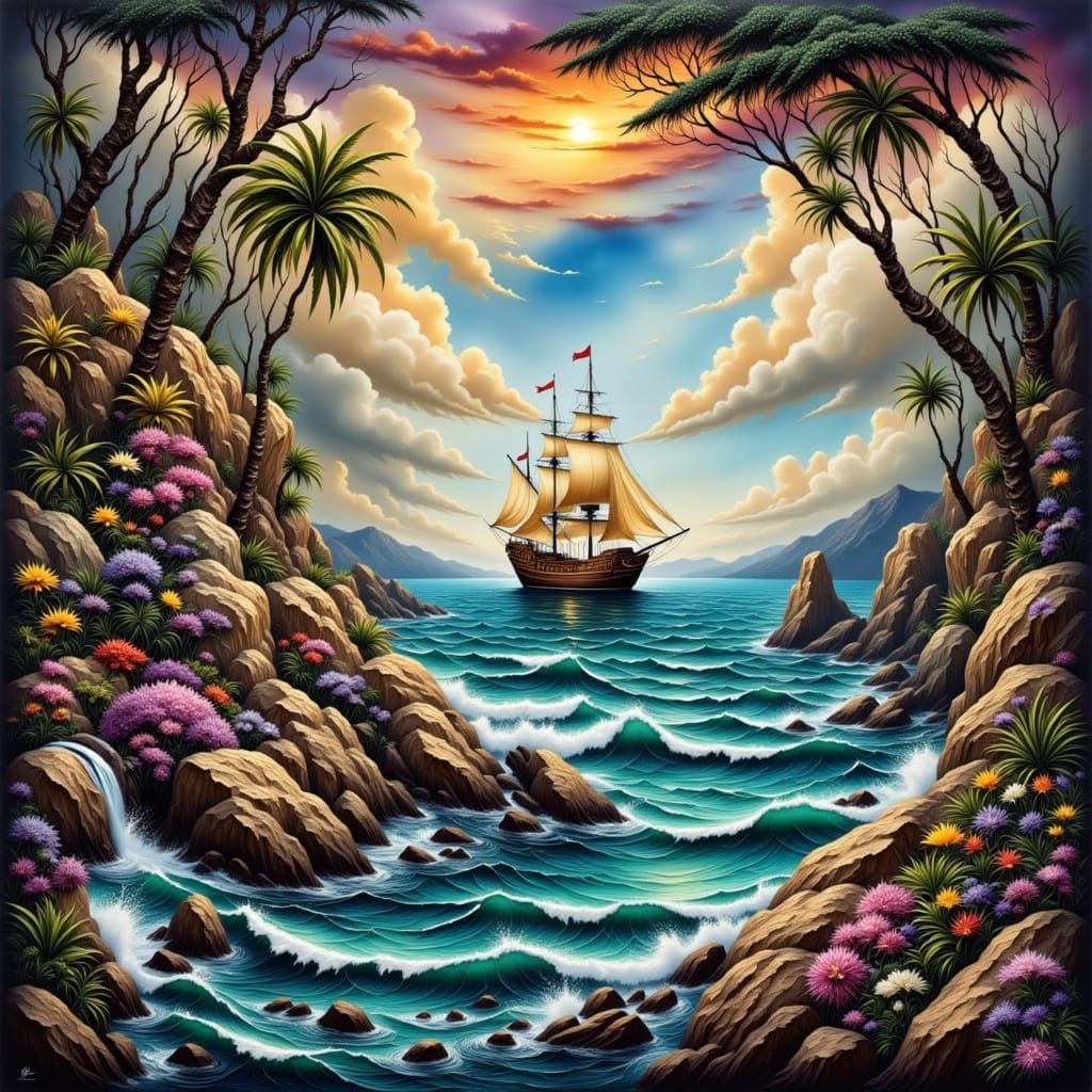 Spanish Pirate Ship on Mediterranean Sea in Gustave Moreau S...