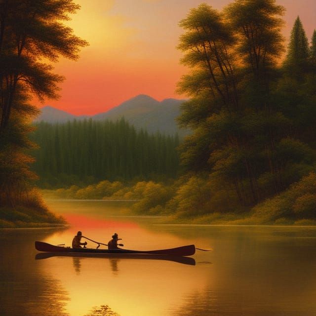 Two mountain men paddling a canoe painted in the style of Ph...