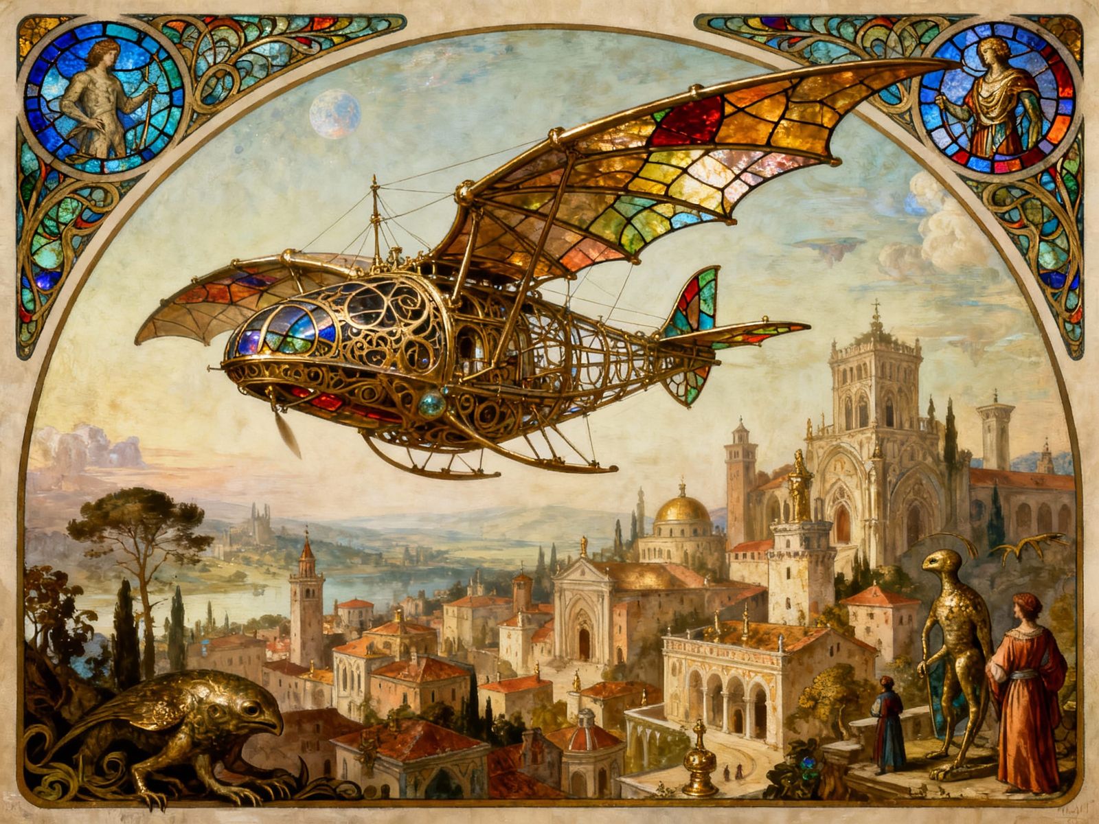 Art Nouveau Leonardo Flying Machine Over Renaissance City