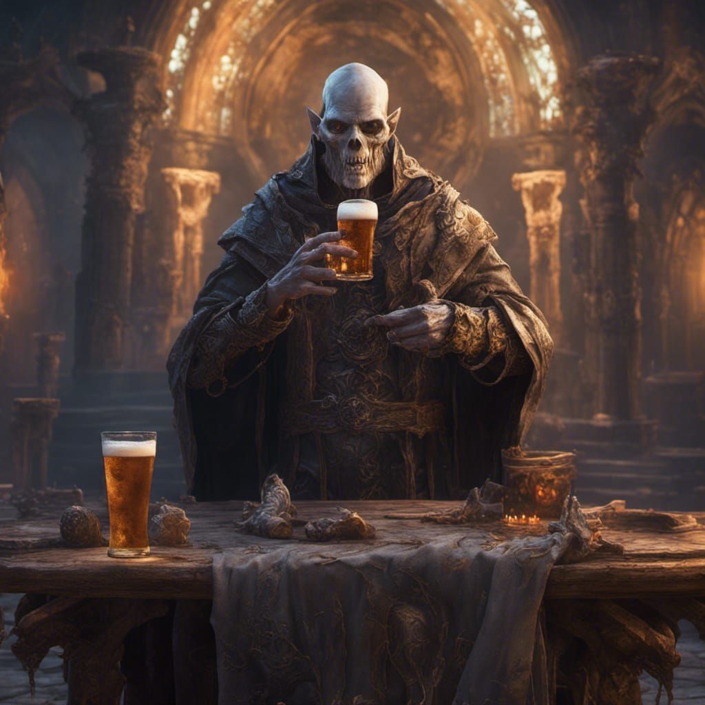 Undead Priest Enjoying Beer: Detailed Matte Painting