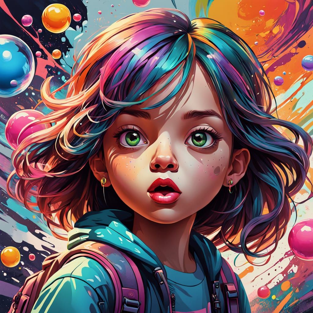 Vibrant Street Art of a Little Girl Blowing a Rainbow Bubble...