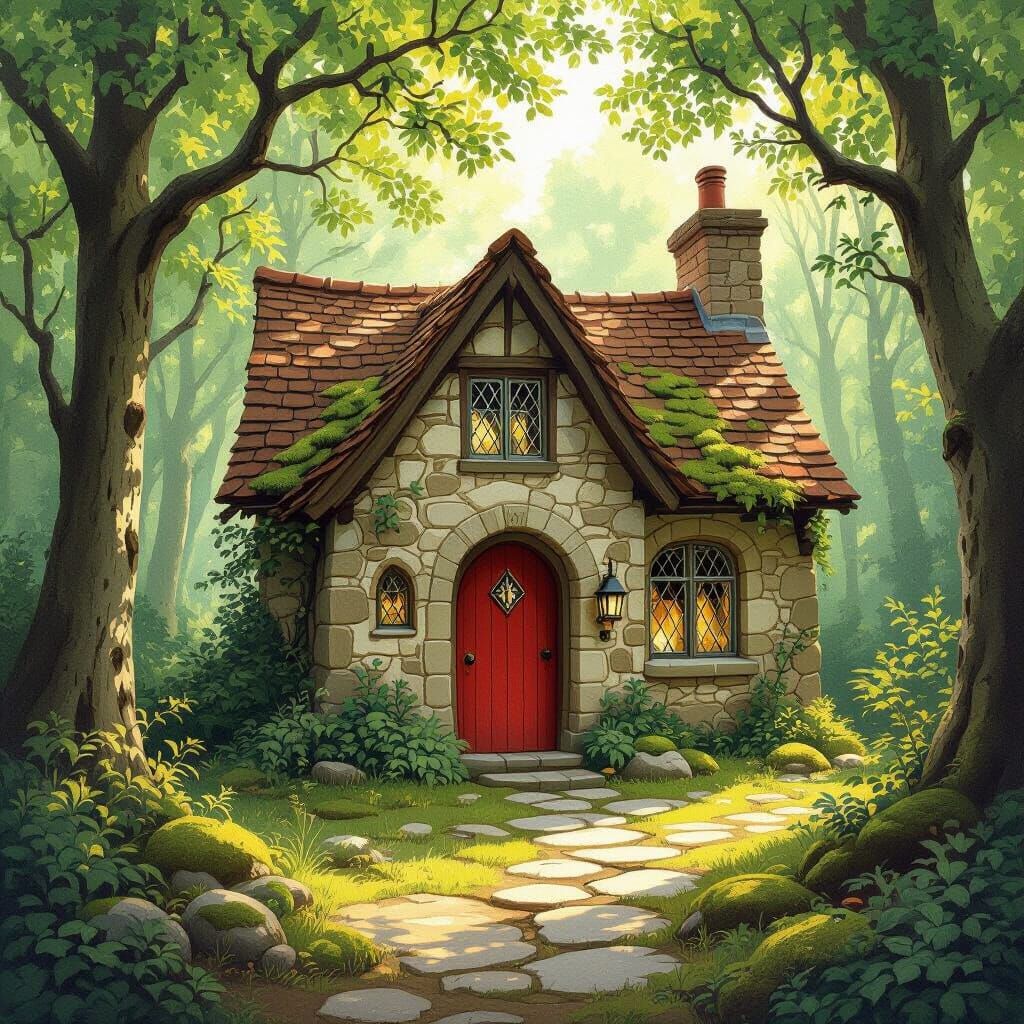 Charming Stone Cottage in Sun-Dappled Forest Clearing