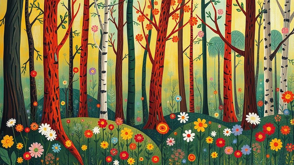 Whimsical Floral Forest in Vibrant Watercolor Style