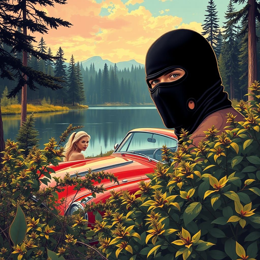 Man in Balaclava Surrounded by 60s Car and Lake in a Vibrant...
