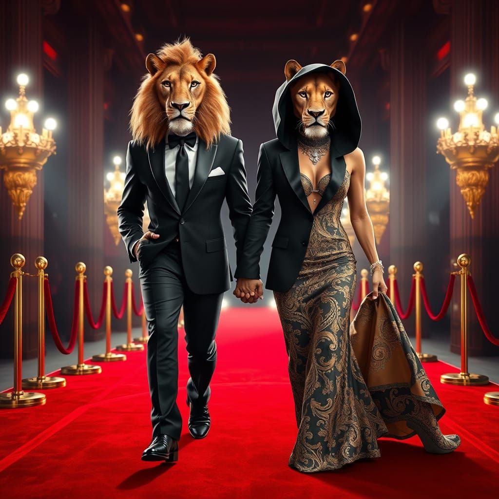 Regal Lion-Human Hybrids Walk Red Carpet in Luxury and Elega...