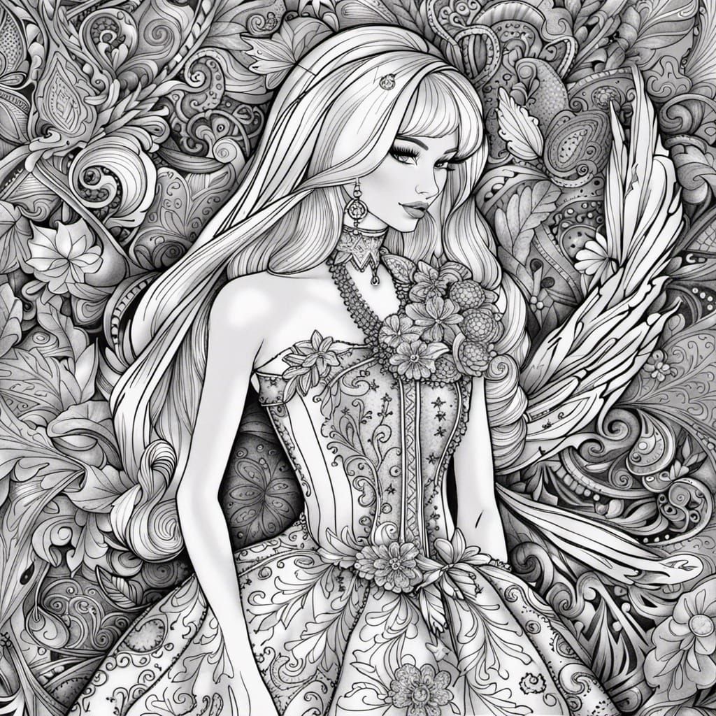 Barbie in Fantasy Outfit: Intricate Line Drawing