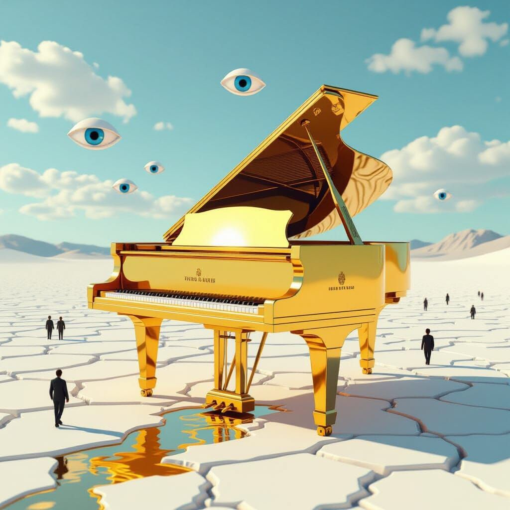 Surreal Melting Piano in Cracked Desert Landscape