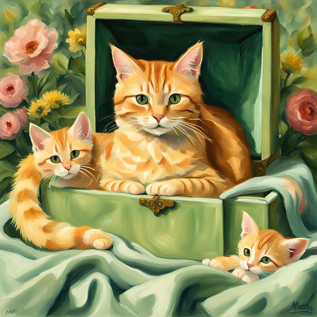 Yellow Tabby Cat and Kittens in Gouache Style
