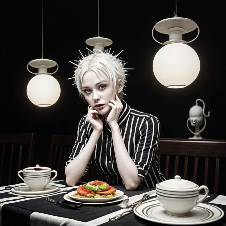 Surreal Neon Horror Breakfast Scene