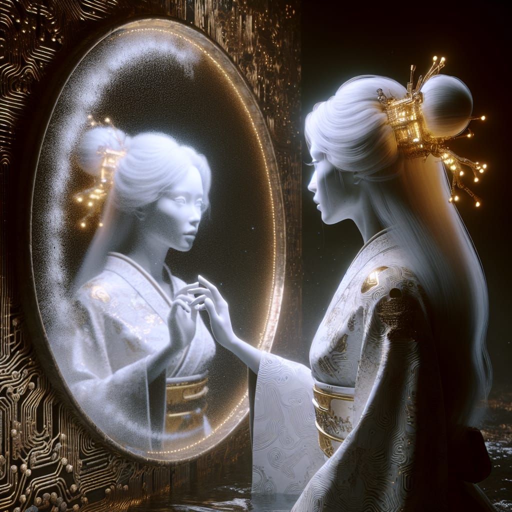 Geisha Android Touching Reflection in Gilded Water Mirror