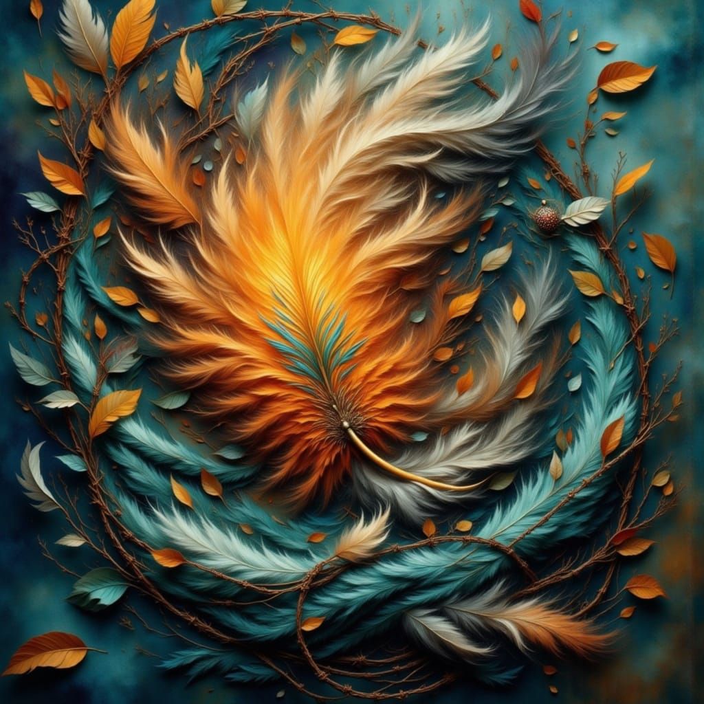 Vibrant, Ethereal Barbed Wire Abstraction with Feather Quill