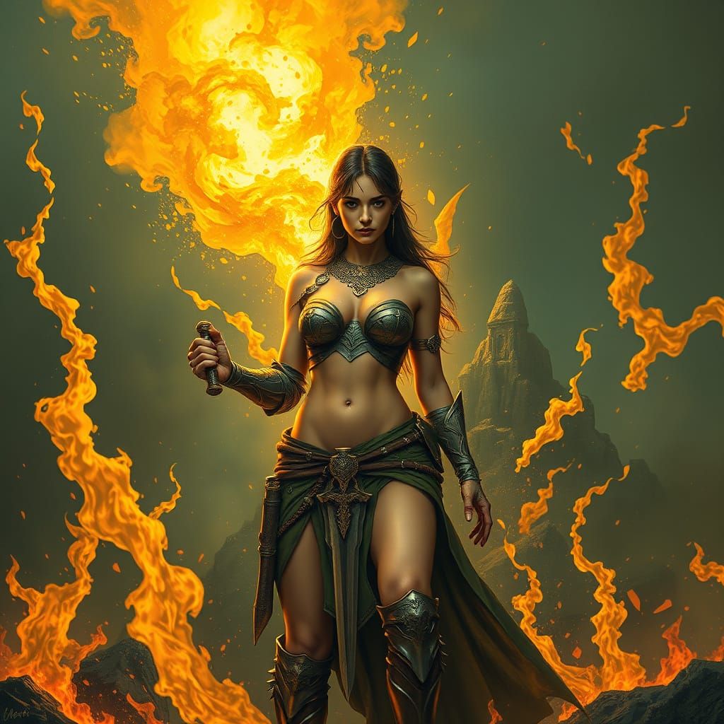 Fantasy Warrior Amidst Fireball Trap