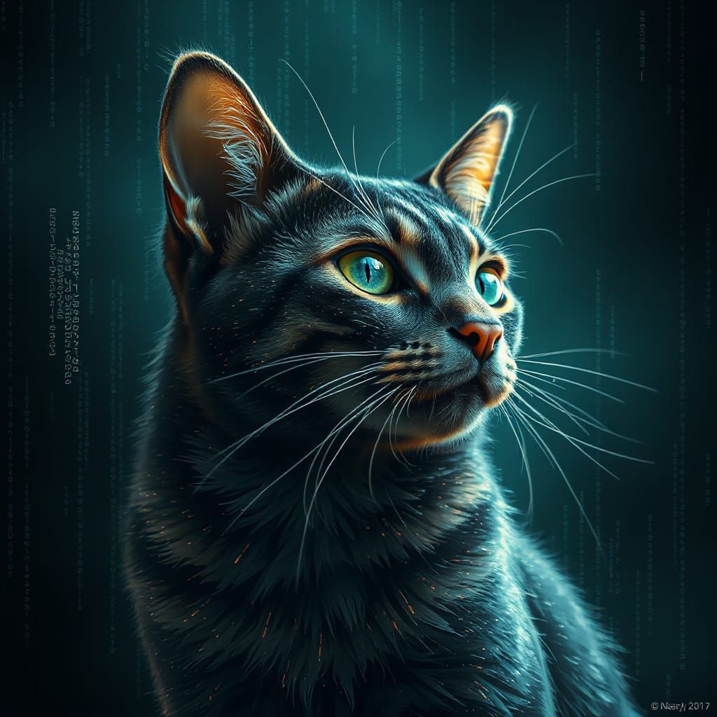 AI Cat Made of Glowing Code in Sapphire and Emerald