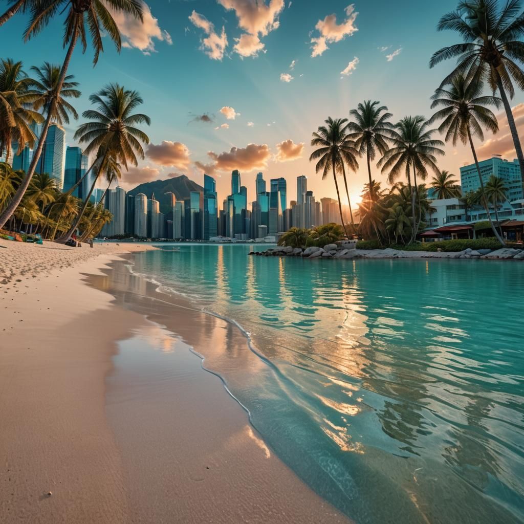Hyperrealistic Cityscape on Tropical Beach at Sunset